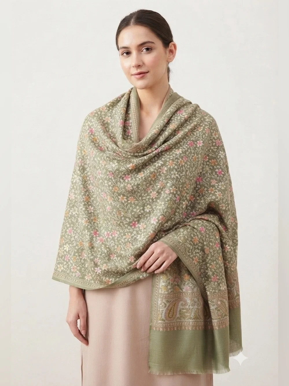 Olive Green Floral Embroidered Pashmina Shawl / Wrap / Scarf | Soft Winter Stole